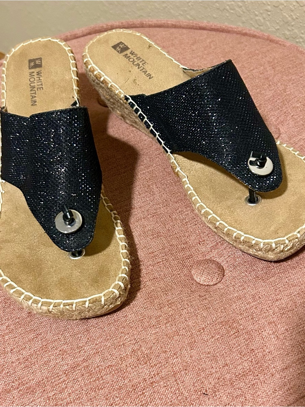 White Mountain Black Sparkle Wedge Thong Sandals - Picture 4 of 5